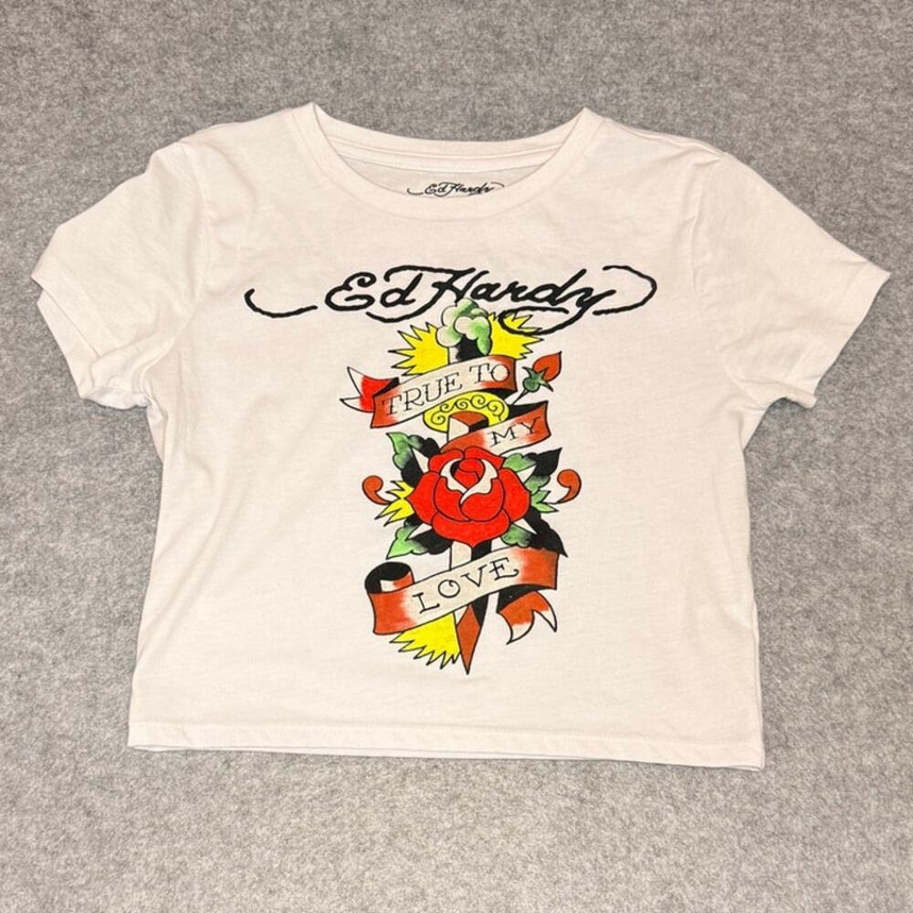 Ed Hardy True to My Love Rose Graphic White Cropped T-Shirt Size Medium